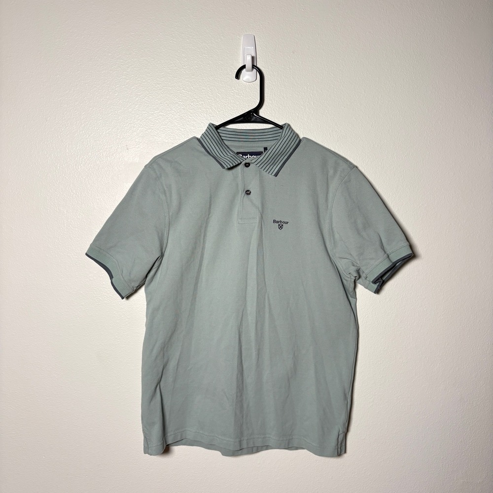 Barbour Mens Large Short Sleeve Polo Shirt Green Striped Collar Pique Cotton L